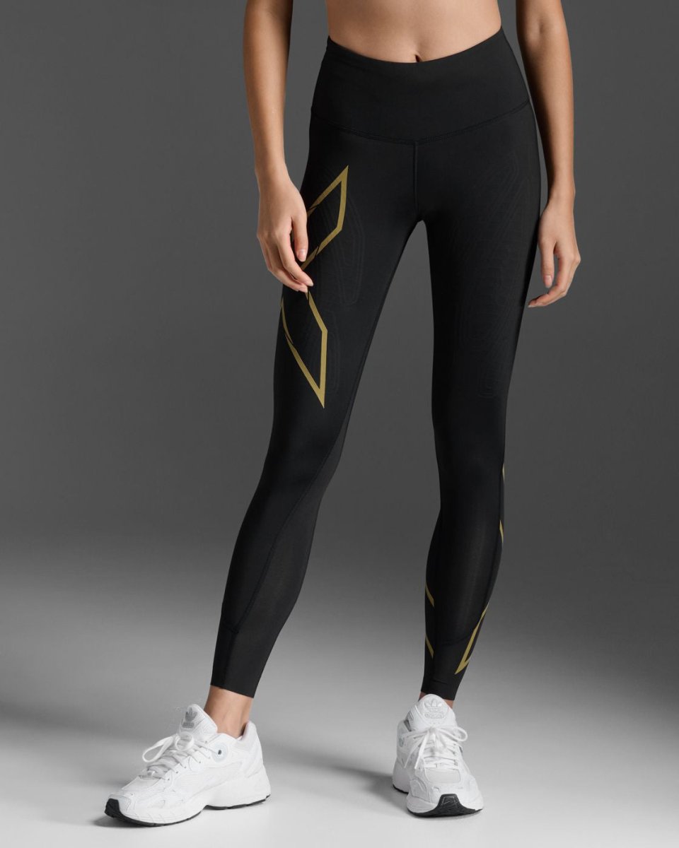 2XU - Light Speed Mid - Rise Comp Lauftights Damen - black/gold reflective - 2X-WA6523B-BLK/GRF-MT - Sportbrands24