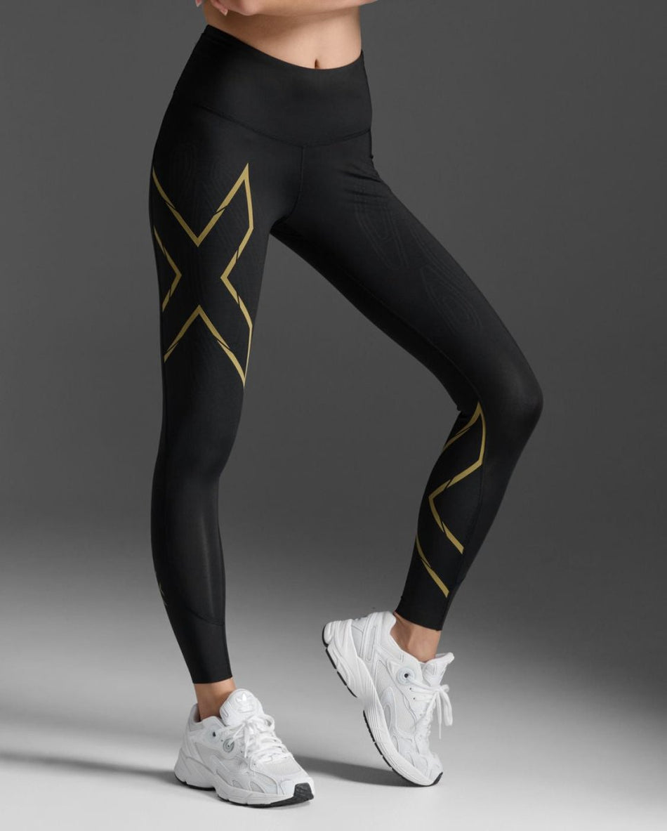 2XU - Light Speed Mid - Rise Comp Lauftights Damen - black/gold reflective - 2X-WA6523B-BLK/GRF-MT - Sportbrands24